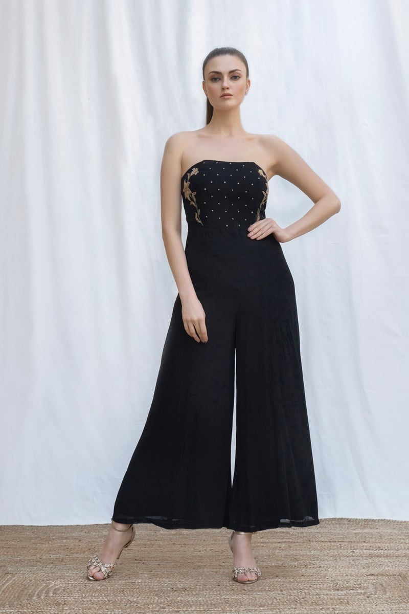 Black Strapless Beaded Tube Wide-Leg Jumpsuit — AMRTA BY GUNEET KONDAL