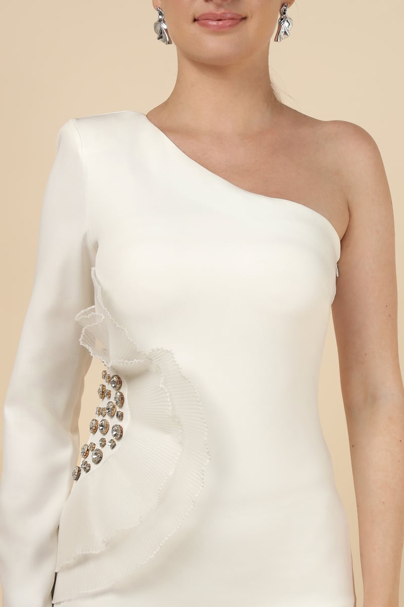 Ecru One-Shoulder Bodycon Midi Dress with Crystal Detail