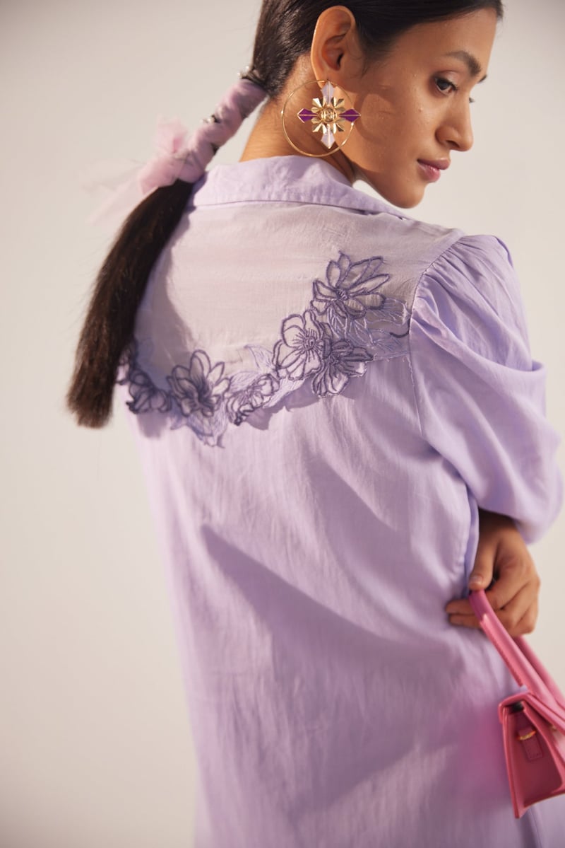 Lavender Cotton Satin Maxi Shirt Dress with Cutwork Yoke
