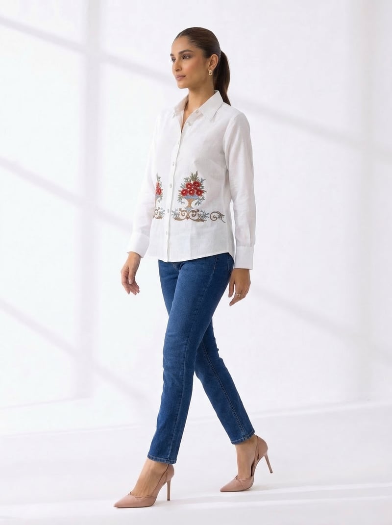 White Linen Embroidered Button-Down Shirt