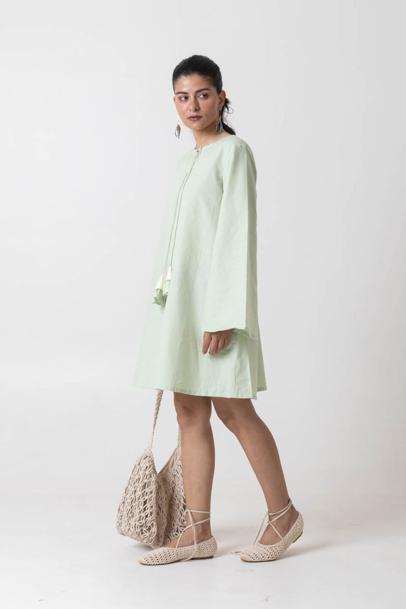 Green Cotton-Linen A-Line Mini Dress with Tie-Up Neck
