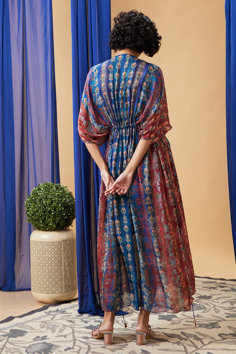Beige Printed Chiffon Kurta Set with Embellished V-Neck