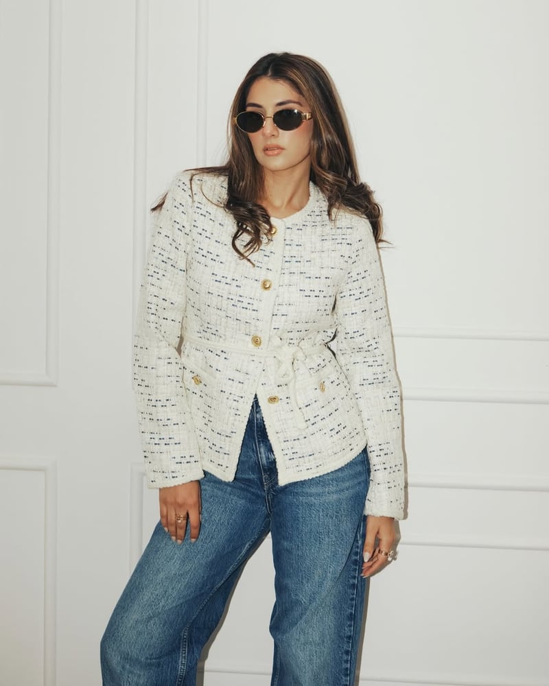 Pearl Tweed-Textured Belted Button-Front Coat