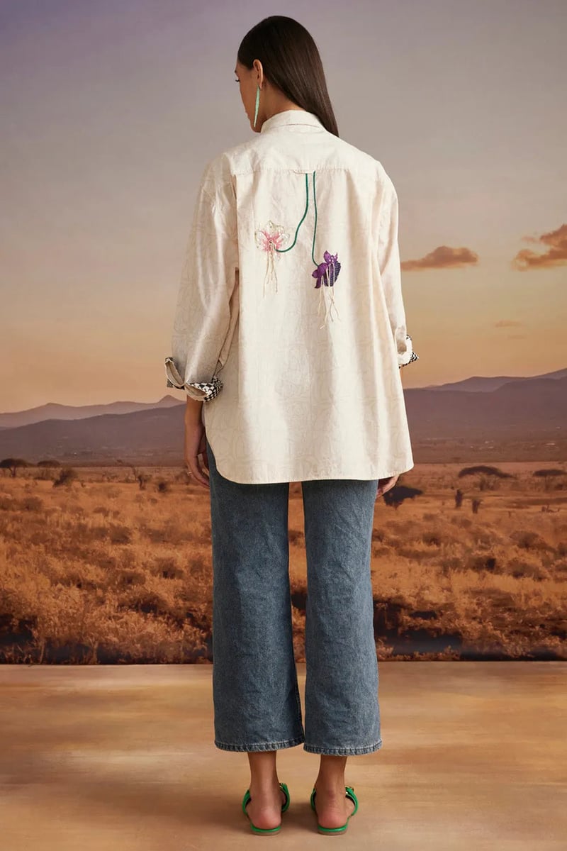 Beige Cotton Poplin Floral Embellished Longline Shirt