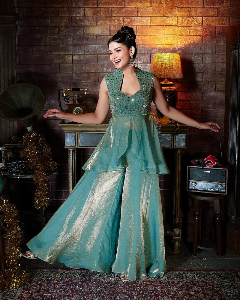 Sea Green Shimmer Peplum and Palazzo Co-ord Set