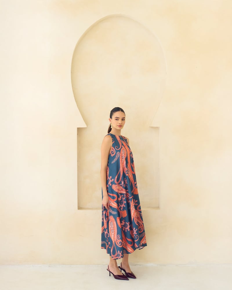 Multicolor Paisley A-Line Sleeveless Midi Dress