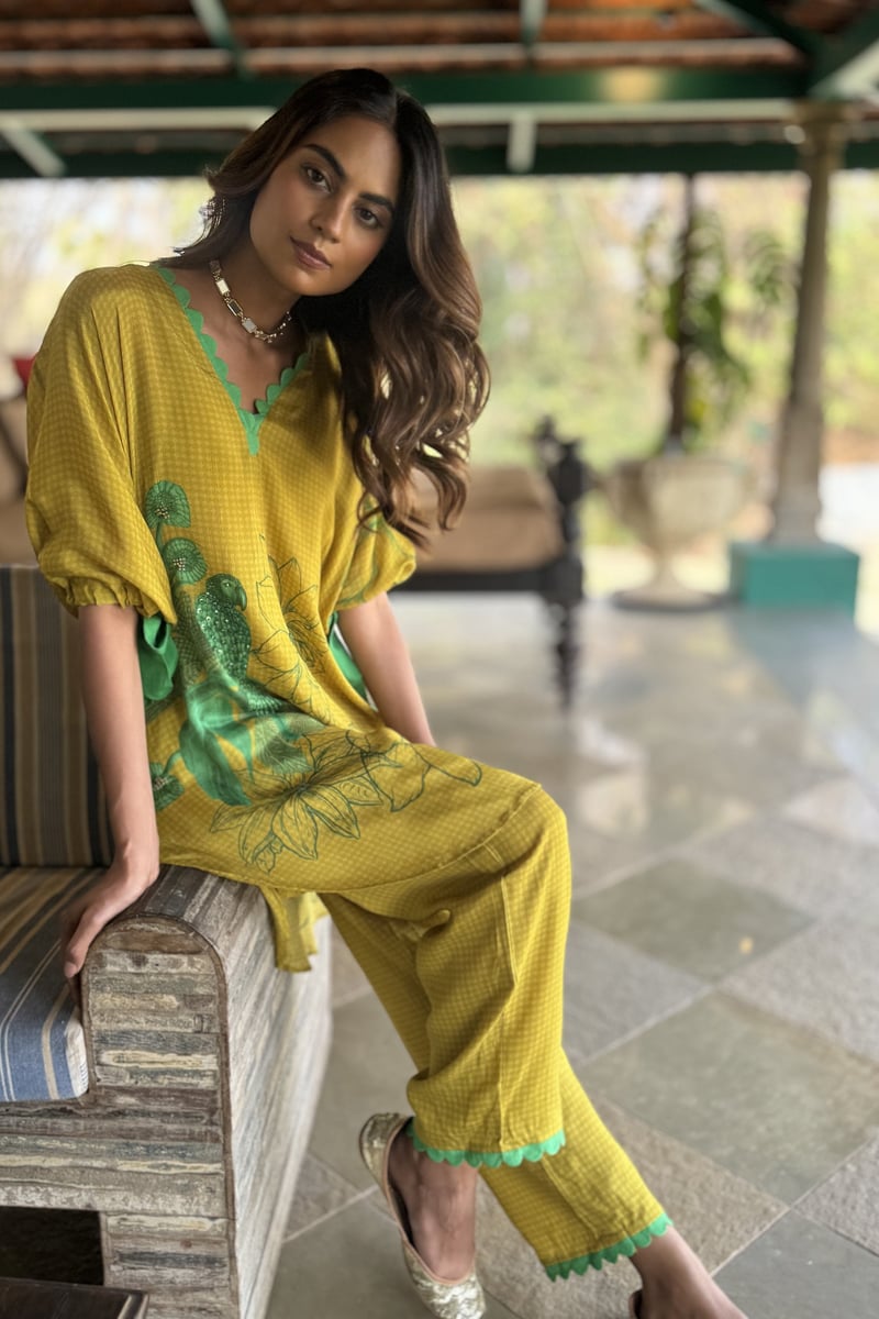 Pear Green Printed Co-ord Set with Scallop V-Neck