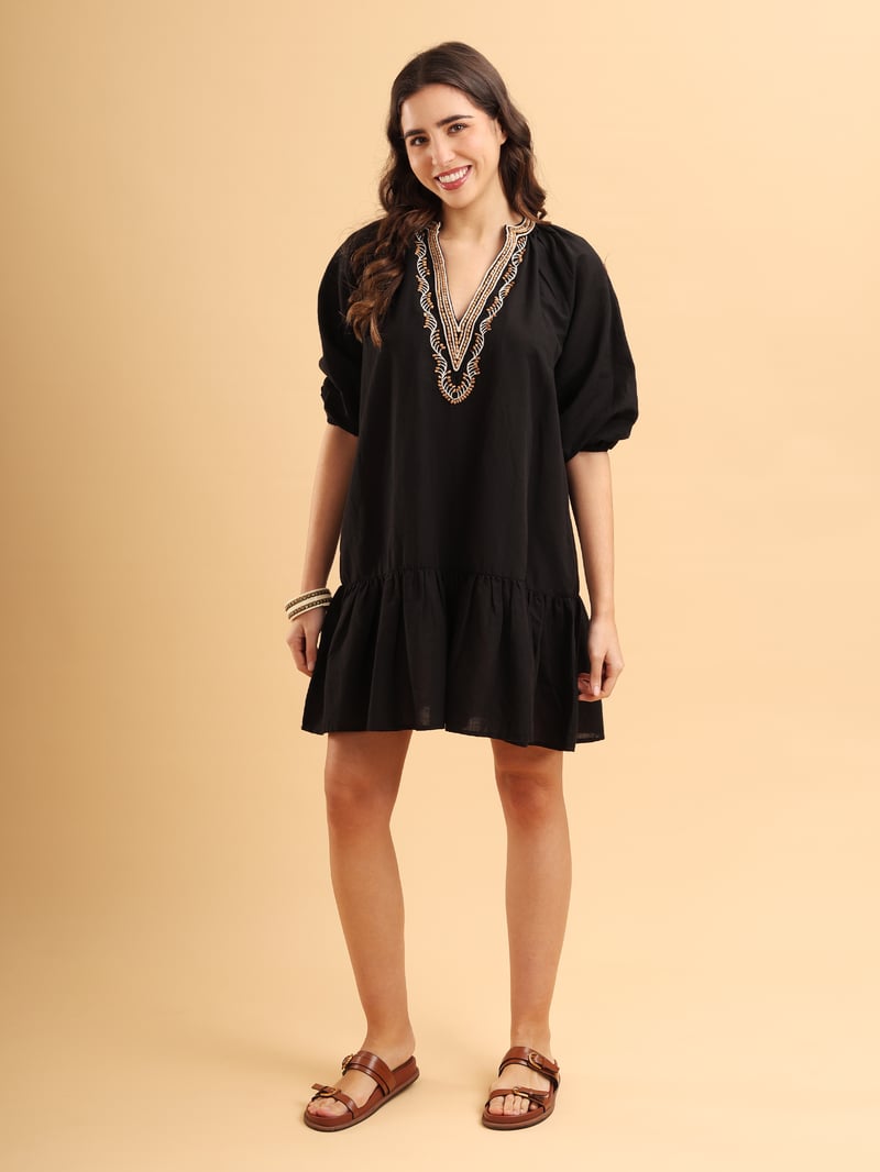 Black Tiered Mini Dress with Embroidered V-Neck