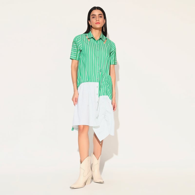 Green Striped Colorblock Cotton Shirtdress