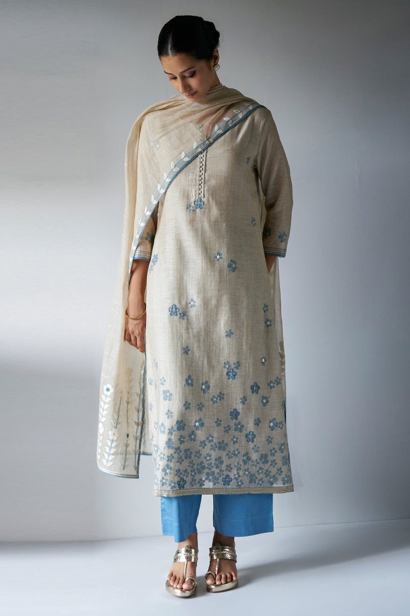 Beige and Light Blue Straight Kurta Suit Set with Dupatta