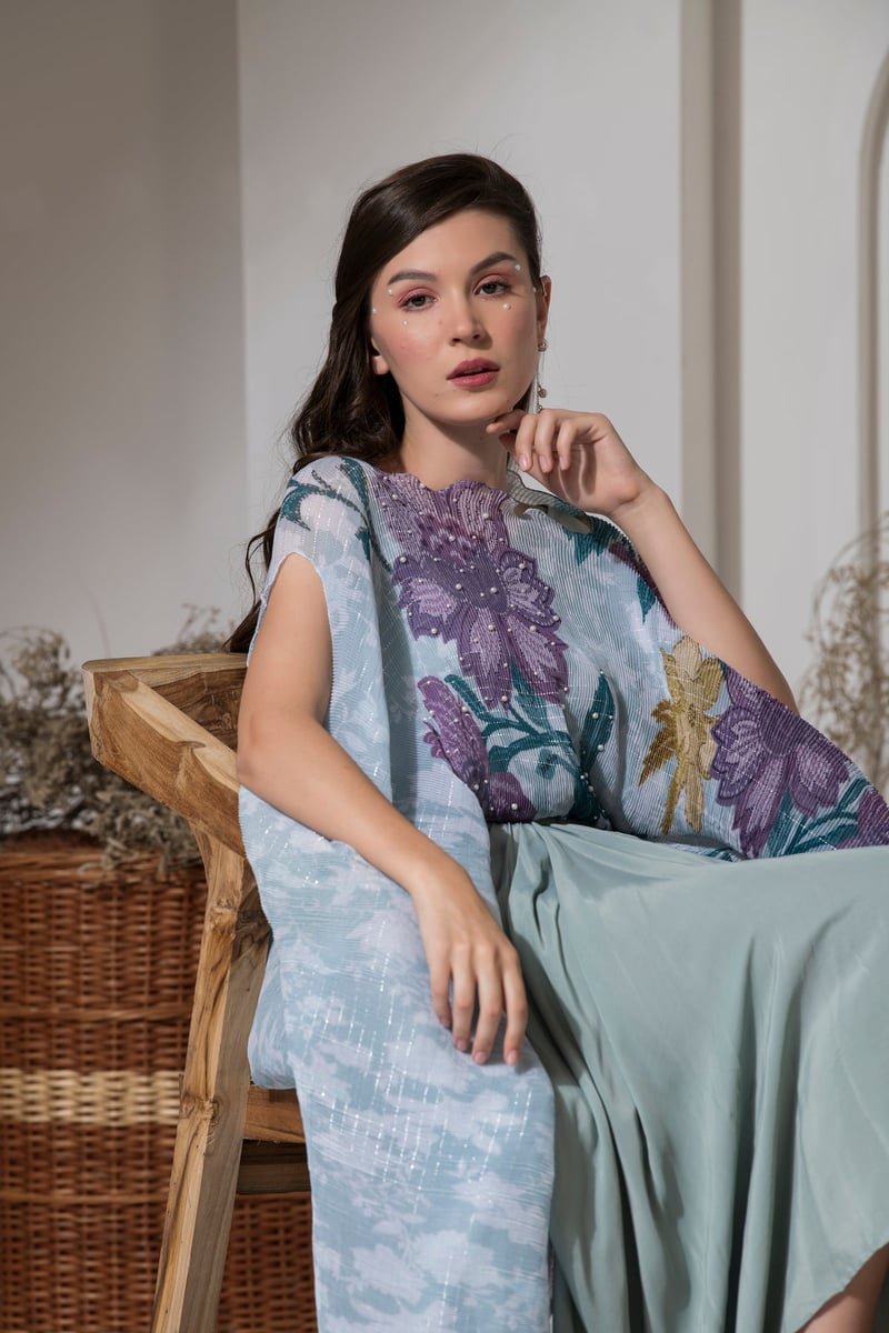 Blue Floral Kaftan and Dhoti Co-ord Set