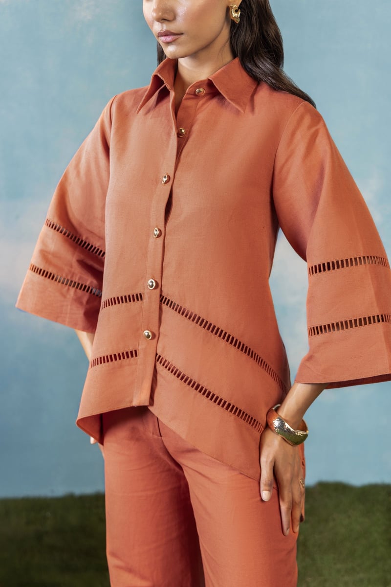 Rust Linen-Blend Shirt and Wide-Leg Trouser Co-ord Set