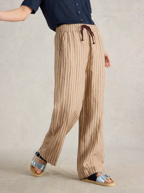 Natural Multi Linen Pinstripe Wide-Leg Trousers