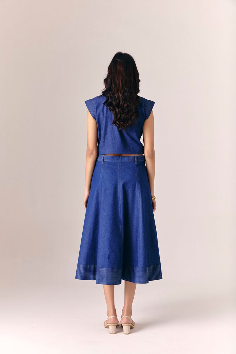 Denim Top and Flared Midi Skirt Co-ord Set