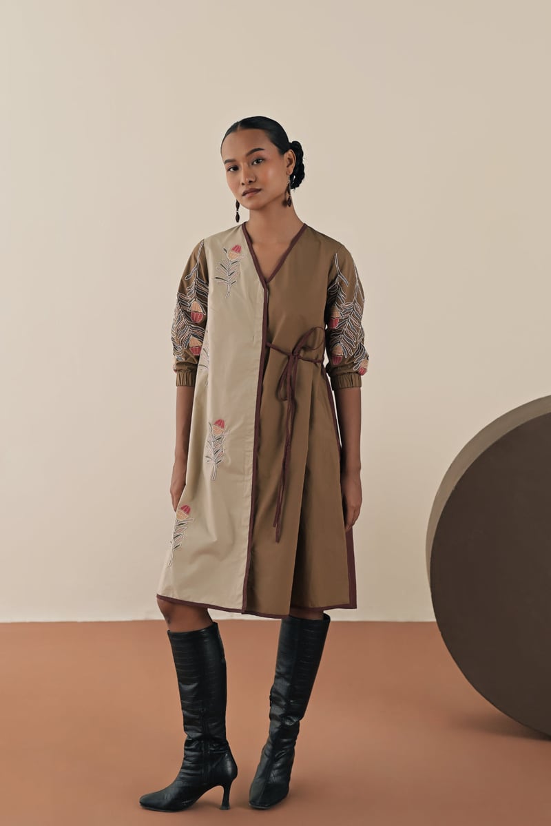 Walnut/Beige Colorblocked Embroidered Wrap Dress