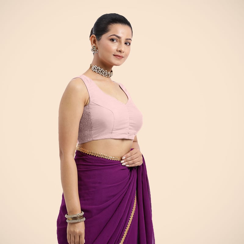 Baby Pink Sleeveless V-Neck Front-Open Saree Blouse