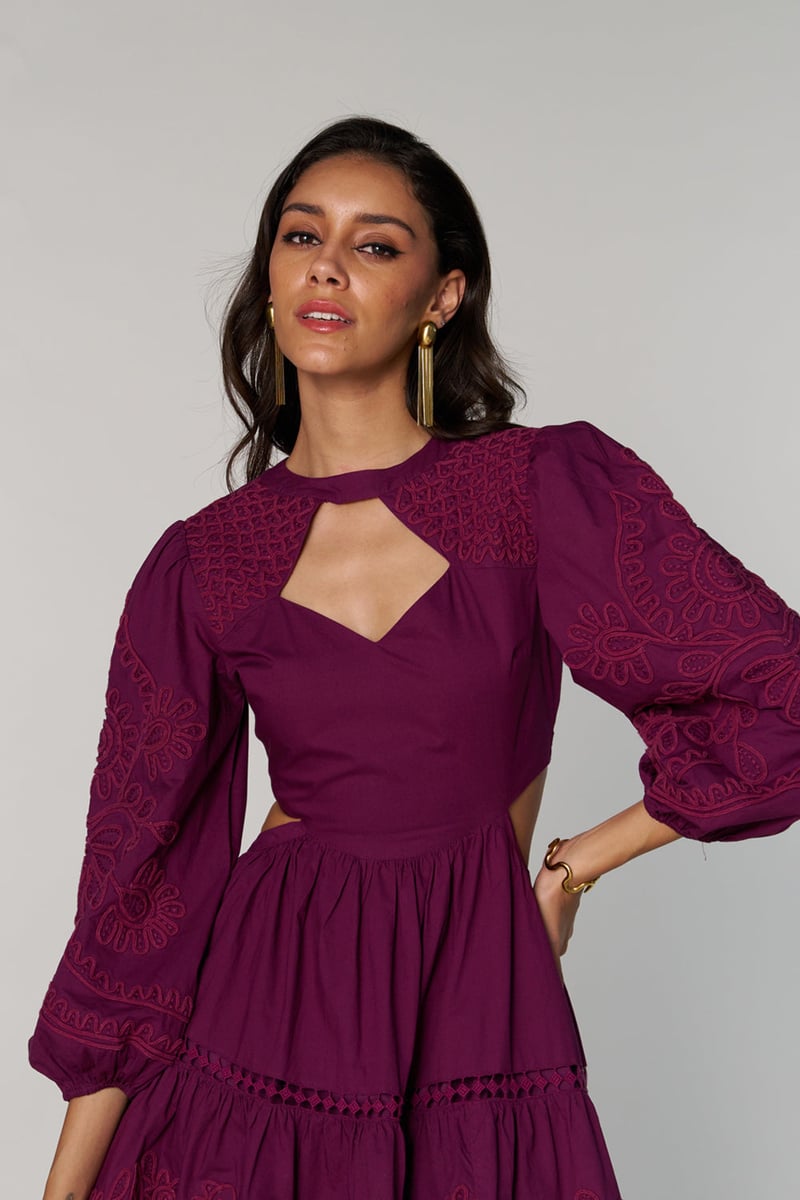 Purple Embroidered Keyhole Neck Tiered Mini Dress