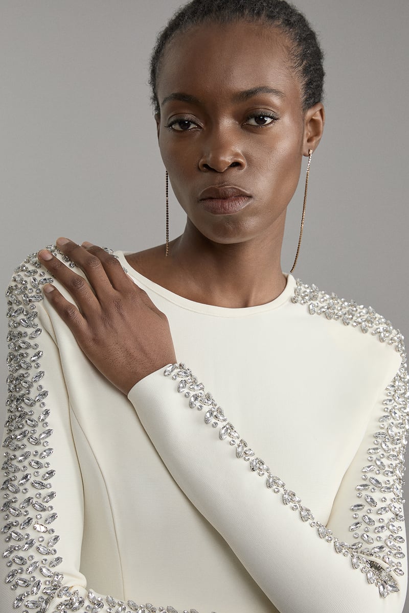 Cream Bandage Knit Crystal-Embellished Sleeve Top