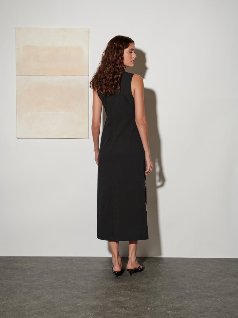 Black Embellished High-Neck Midi Column Dress