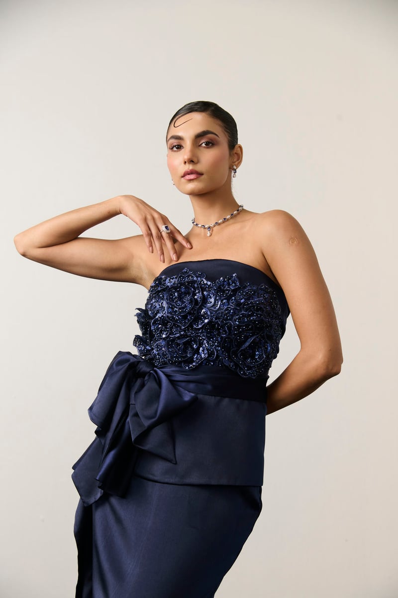 Navy Blue Satin Strapless Embellished Maxi Drape Dress