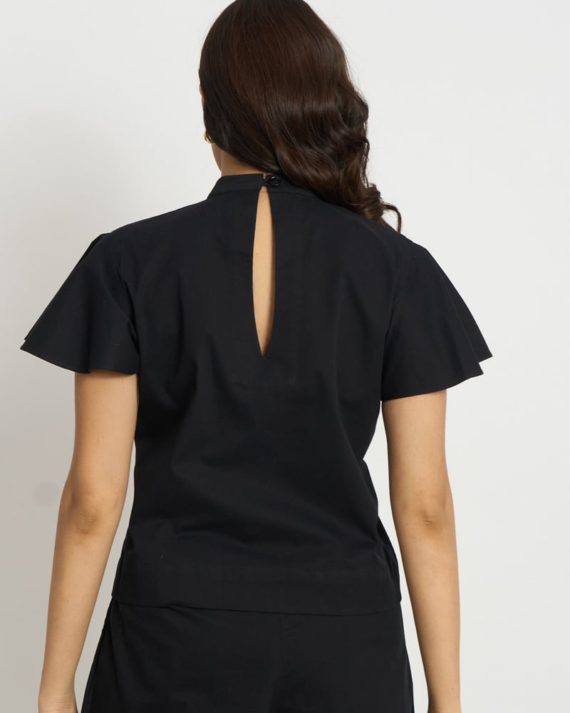 Black Mock Neck Flutter Sleeve Cotton Top