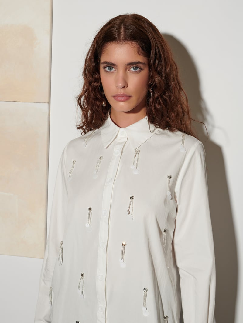 Ivory Embellished Button-Down Shirt with Full Sleeves