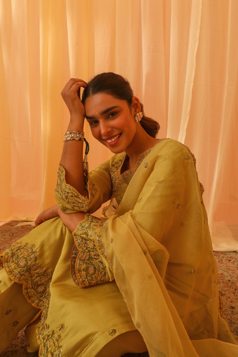 Yellow Chanderi Embroidered Kurta Pant Set with Dupatta