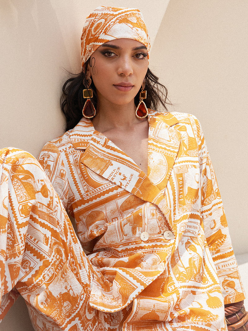 Mustard Printed Jacket and Wide-Leg Pant Co-ord Set