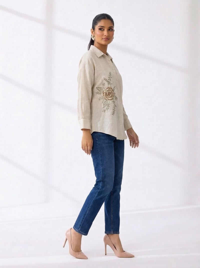 Natural Beige Embroidered Button-Down Shirt