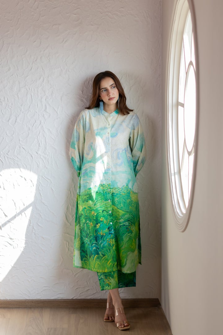 Multicolor Printed Button-Down Kurta Set with Pants