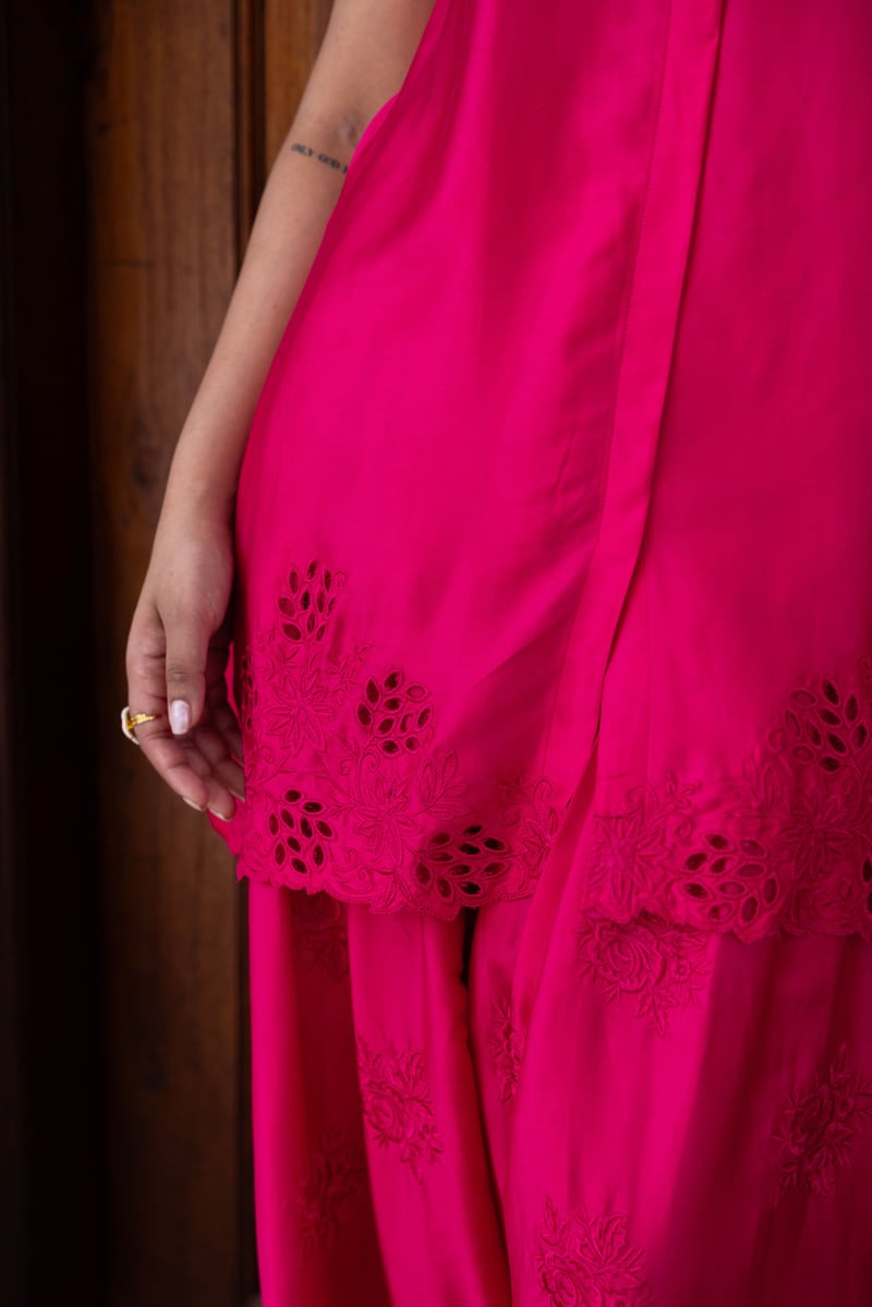 Hot Pink Cutwork Hem Tunic and Farshi Co-ord Set