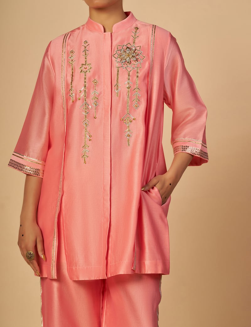 Pink Silk Chanderi Boxy Shirt with Gota and Sequin Work