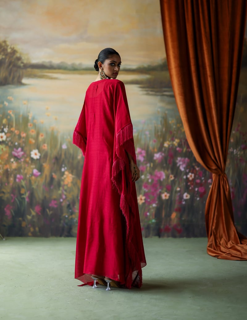 Scarlet Embroidered Silk Chanderi Kaftan Set