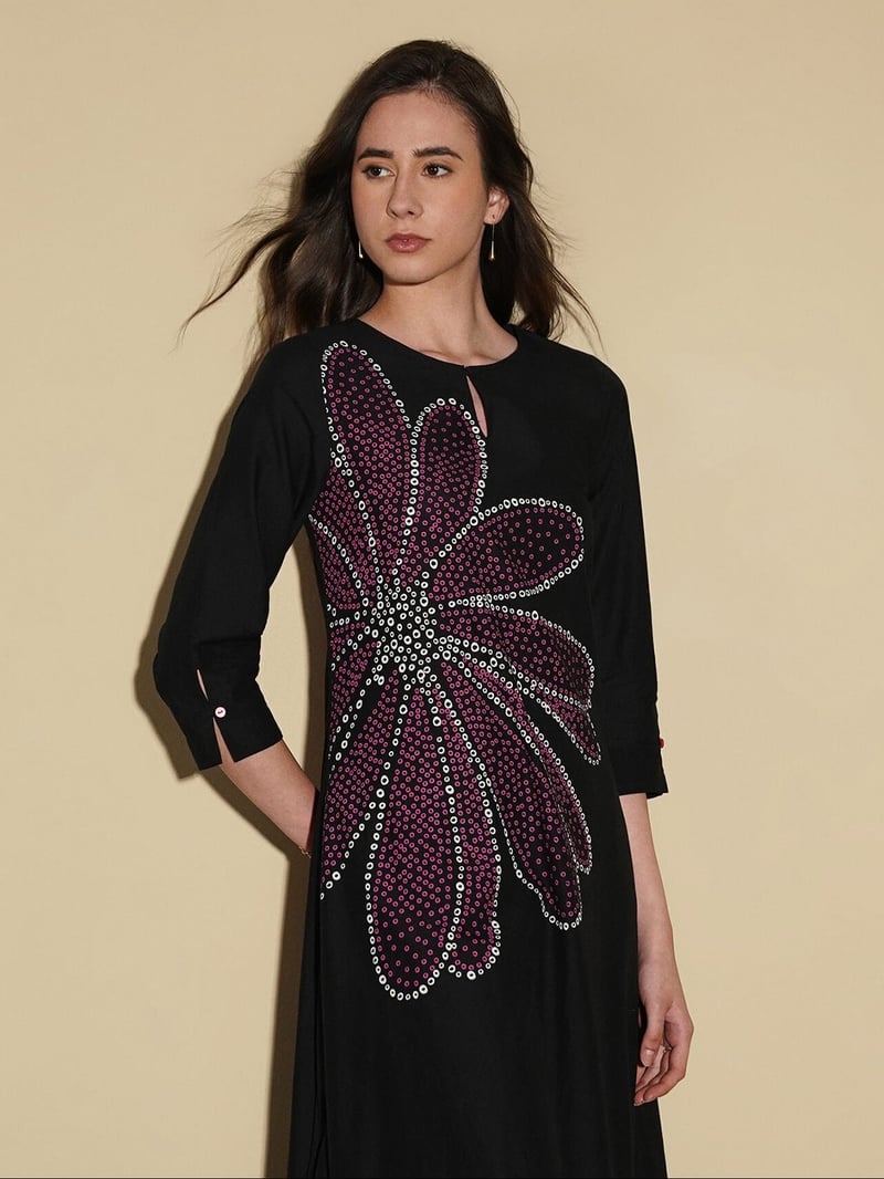 Cotton Bandhani Floral A-Line Kurta Set - Black