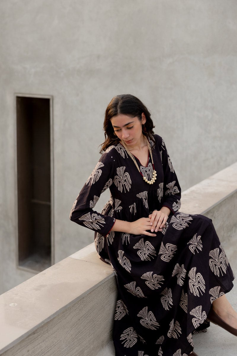 Black Block Print Fit and Flare Maxi Dress