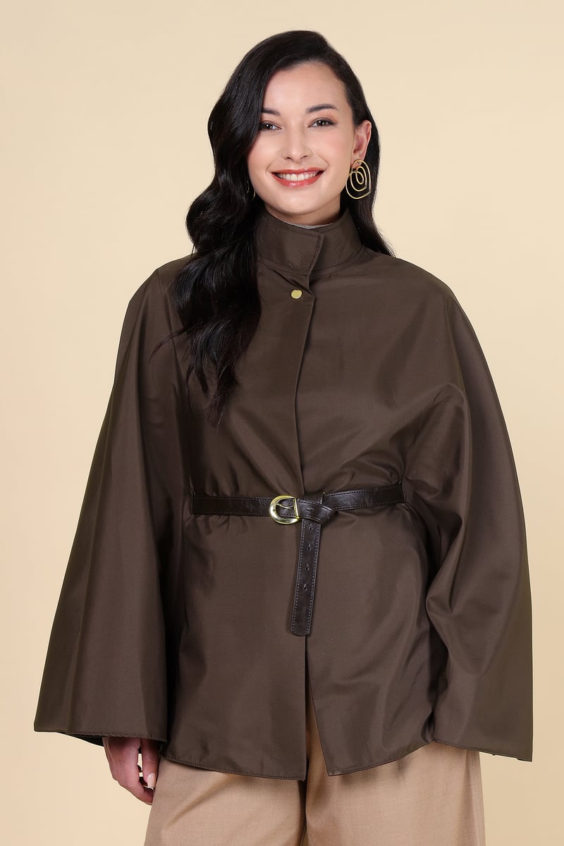 Bordo Brown High Neck Belted Cape-Sleeve Jacket