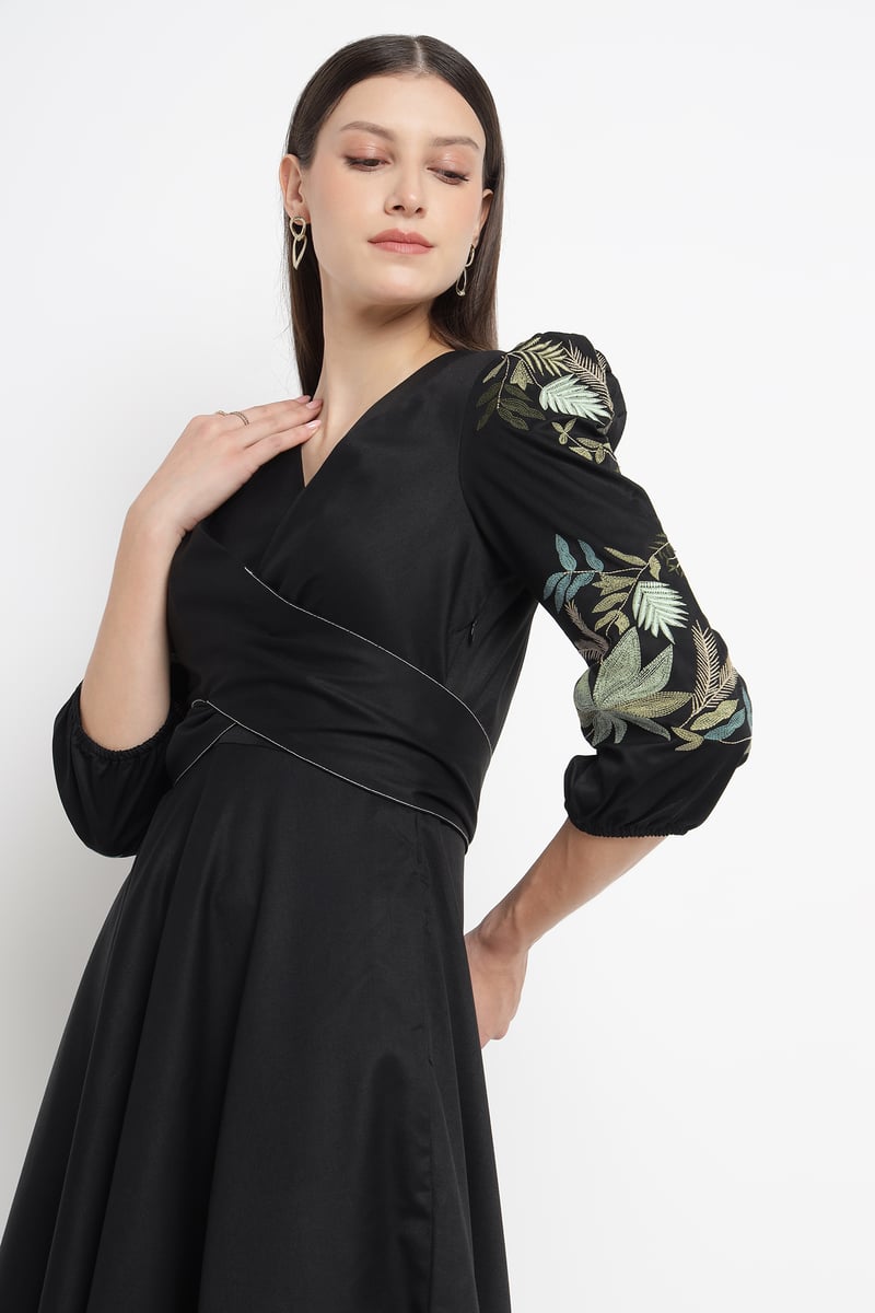 Black Fit and Flare Midi Dress with Embroidered Sleeves