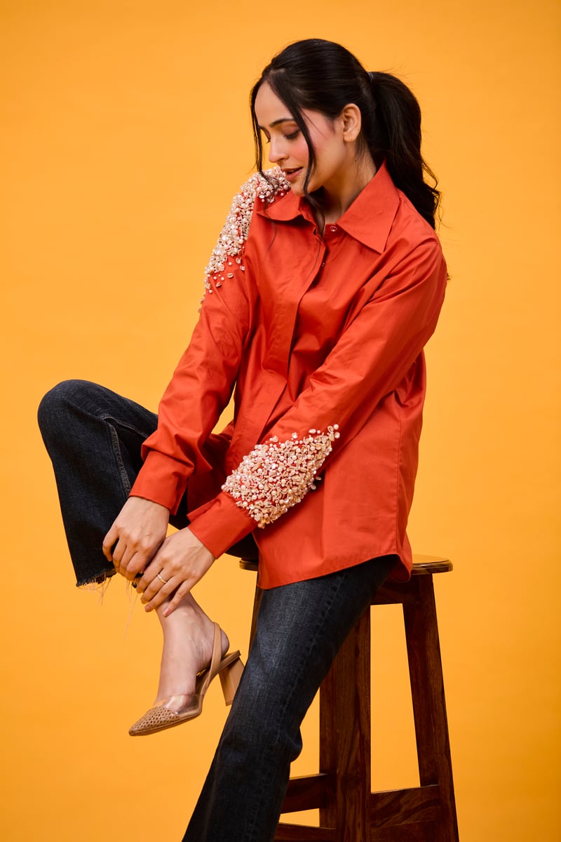 Rust pearl & sequins shirt