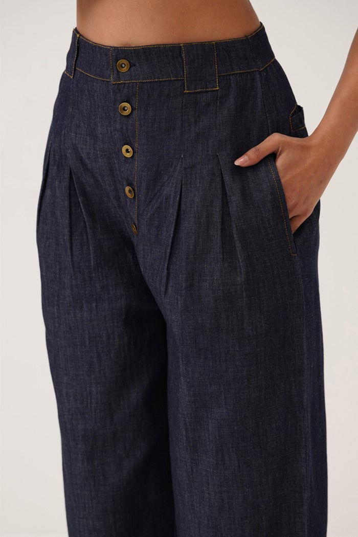Denim Blue Waistcoat and High-Waist Pants Co-ord Set