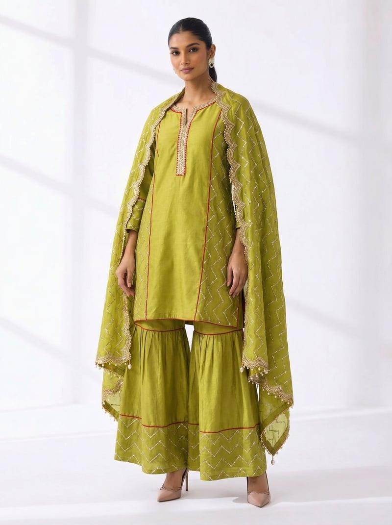 Mehendi Straight Kurta Set with Flared Pants and Dupatta — Gulabik