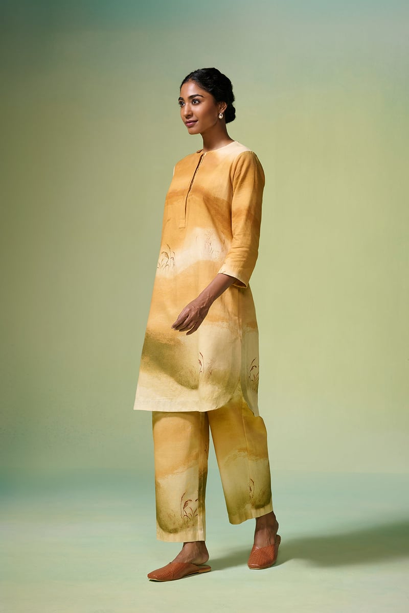 Beige Ochre Art Print Linen-Cotton Kurta Set