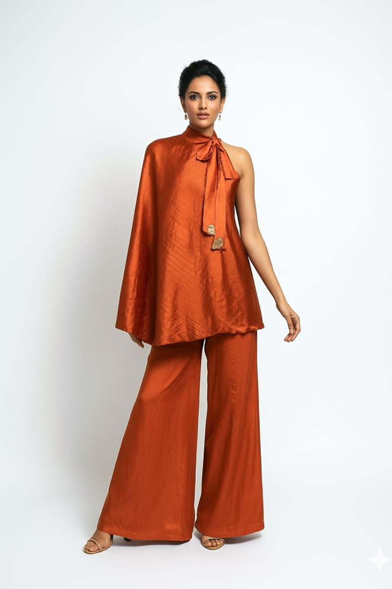 Purple One-Shoulder Cape Top and Wide-Leg Pant Co-ord Set