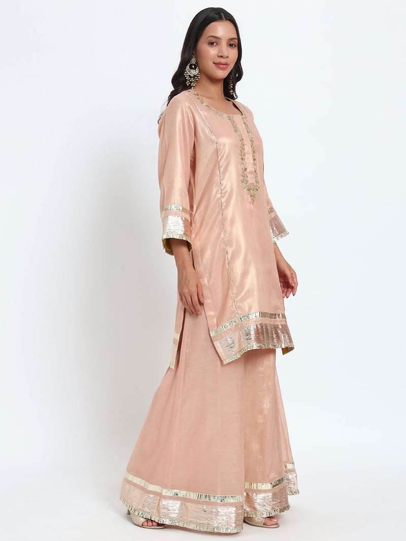 Peach Cotton Tissue Kurta Sharara Set With Gotta Patti