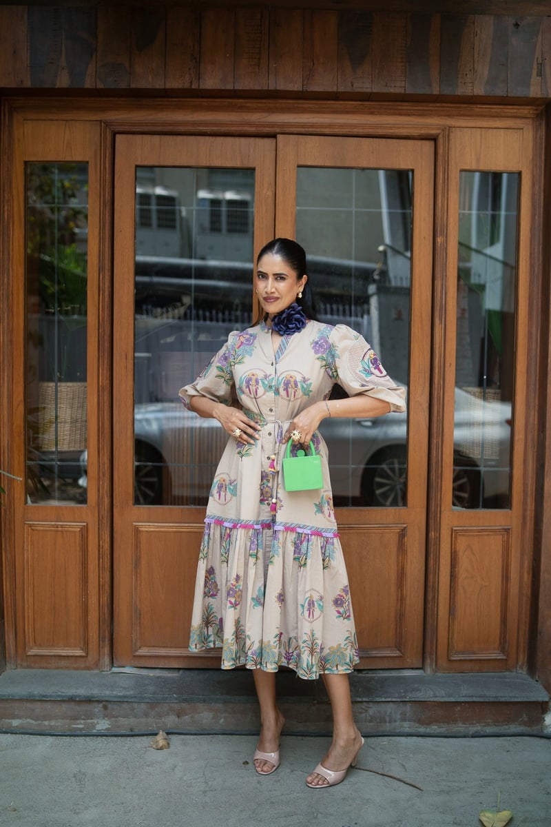 Dusty Lilac Tropical Printed Belted Tiered Midi Dress — TASHA INDIA