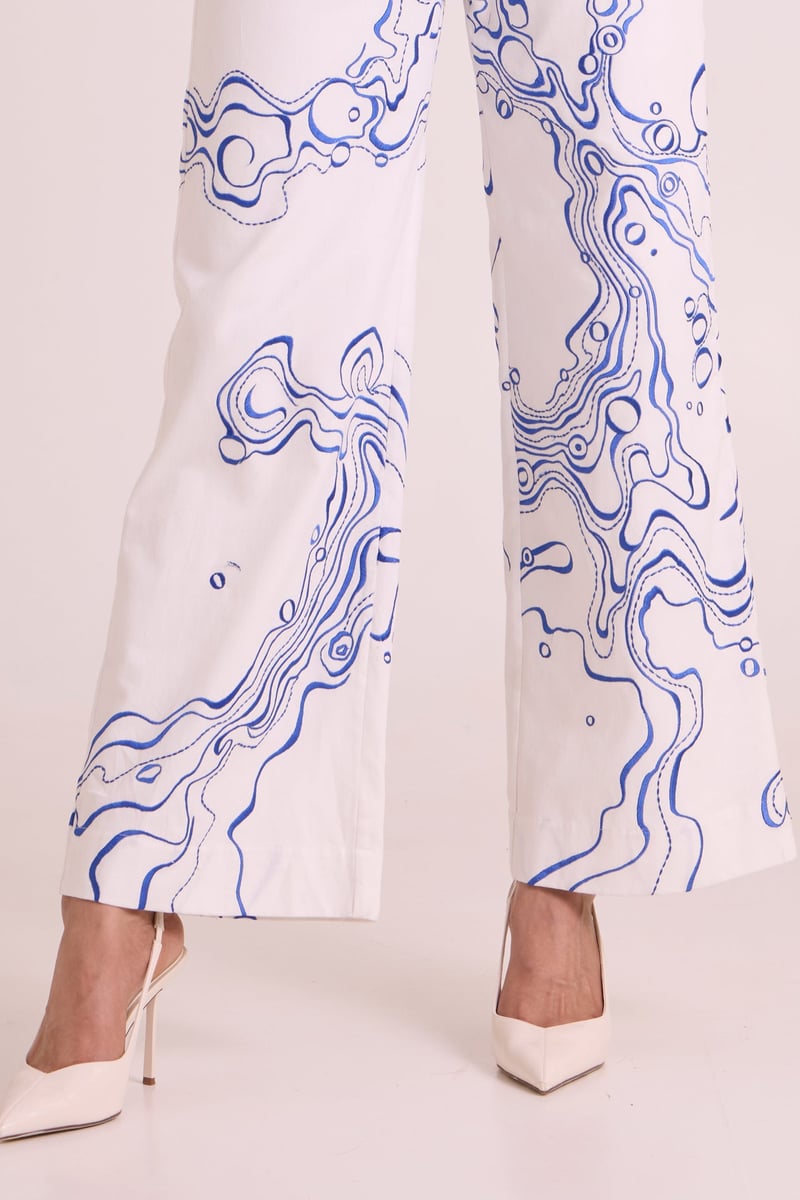 Electric Blue Tie-Up Top & Printed Wide-Leg Co-ord Set
