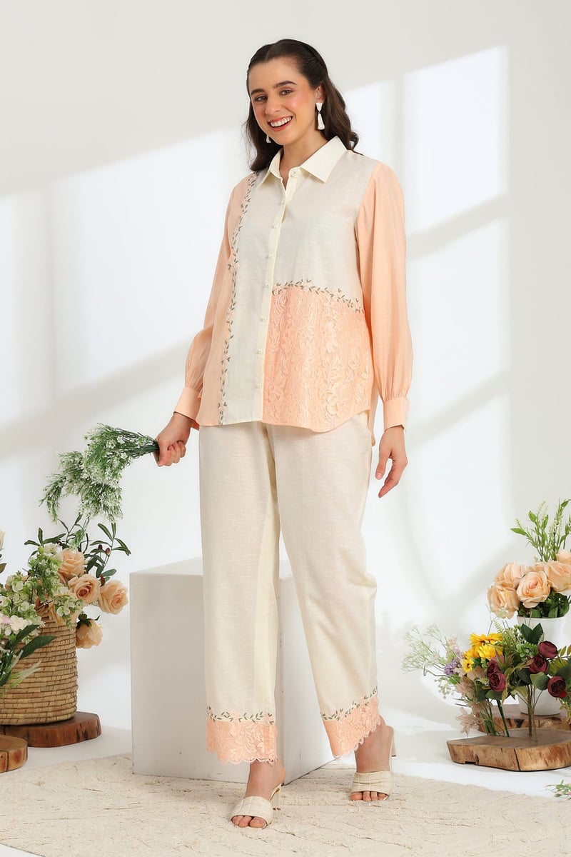 Florea Peach Hand Embroidered French Lace Silk Linen Co-Ord Set