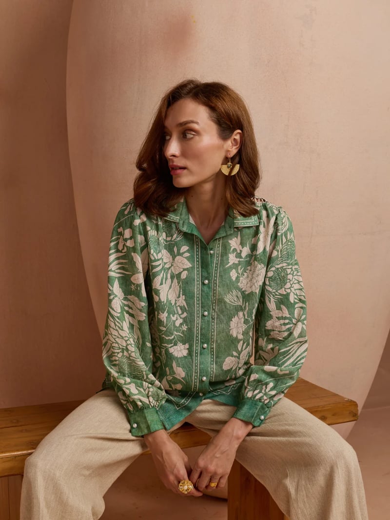 Green Floral Printed Button-Down Shirt