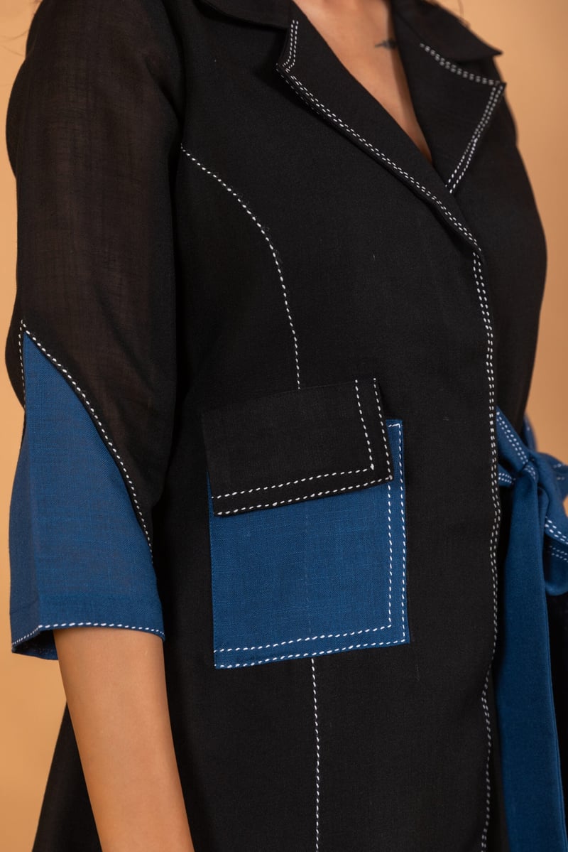 Black and Blue Colorblocked Linen-Blend Mini Shirt Dress