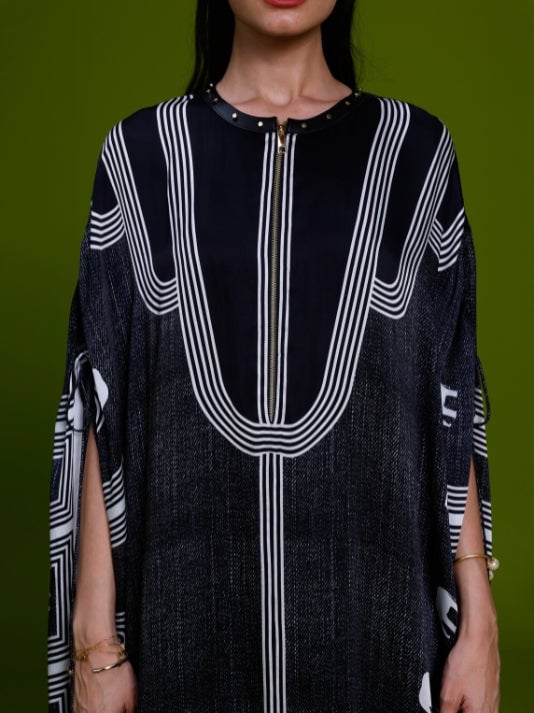 Black Cupro Satin Printed Kaftan and Pant Co-ord Set