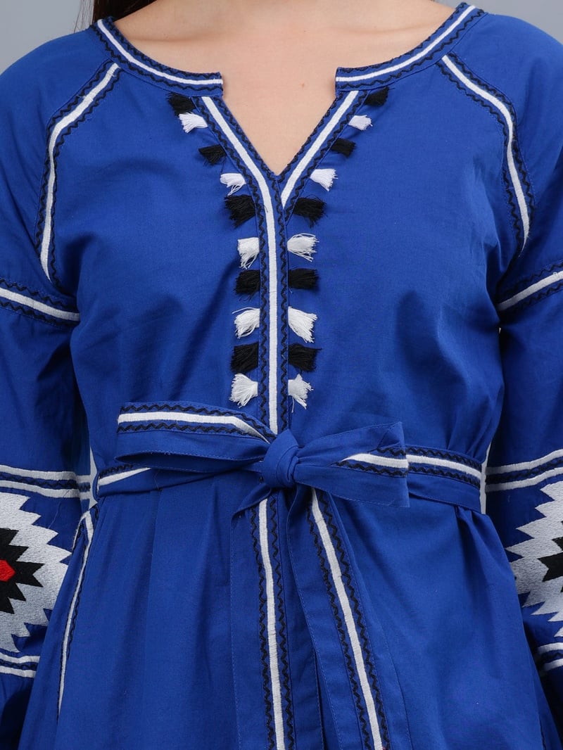 Blue Poplin Belted A-Line Midi Dress with Contrast Panels